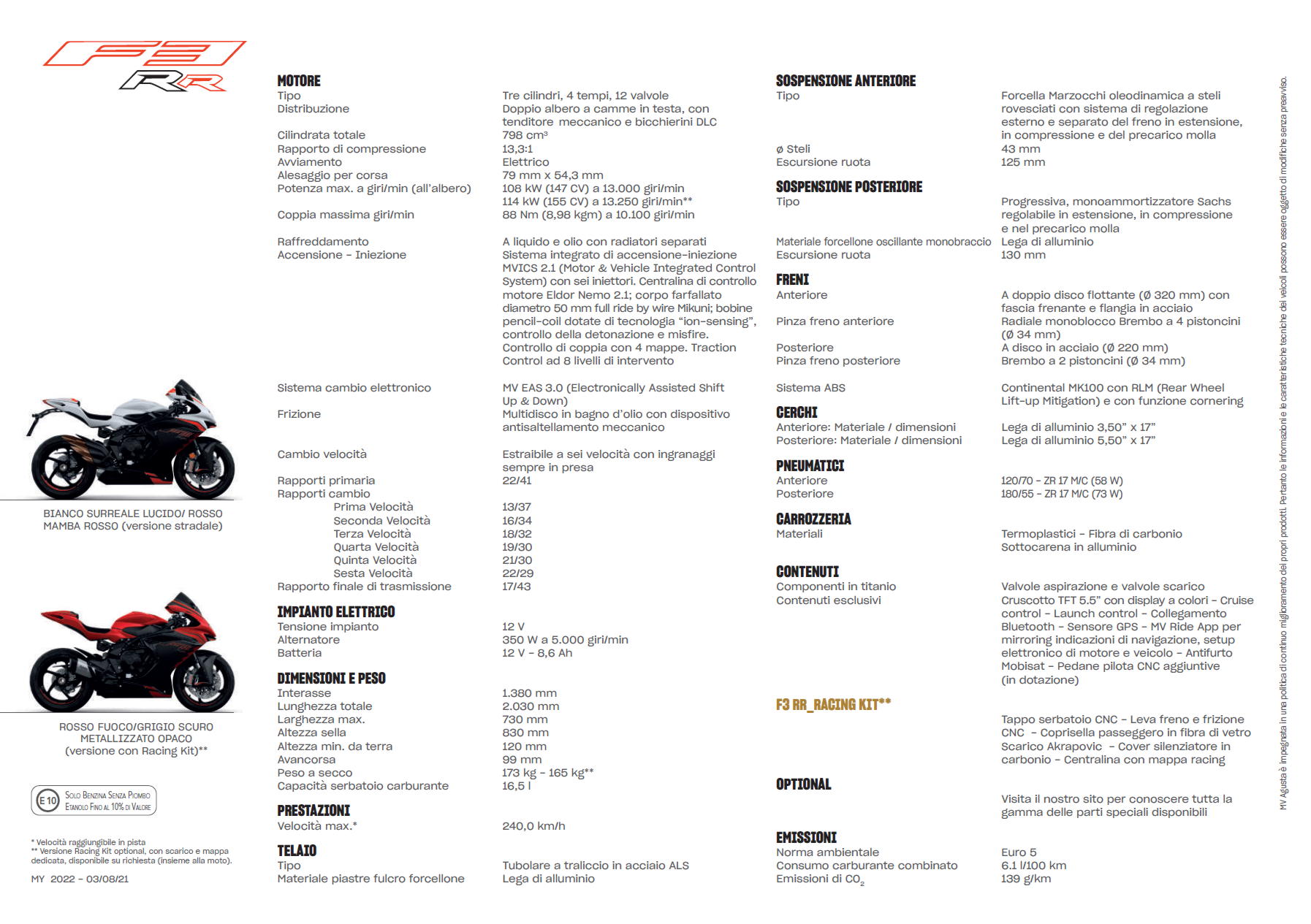 Dati MV Agusta F3 800RR My22